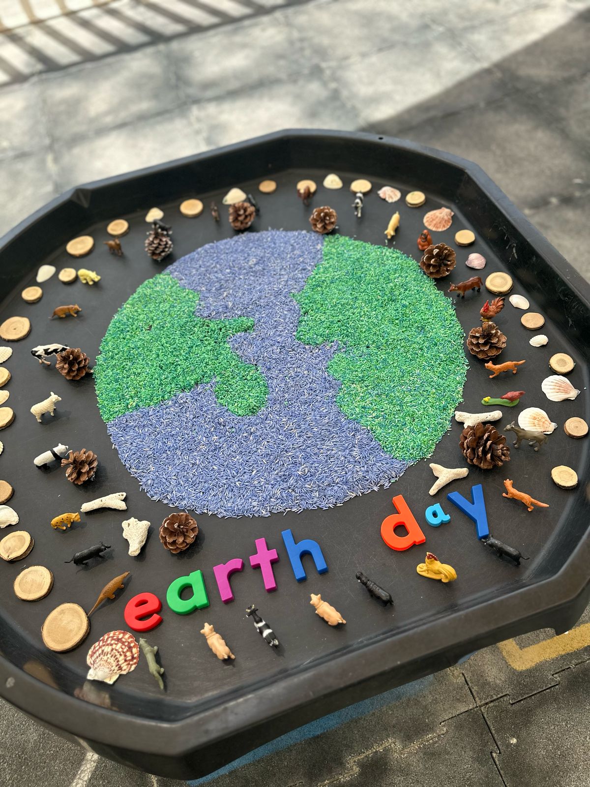 earth day activities nursery dubai Sensory play tray with Earth Day theme used in EYFS activities at The Wonder Years Nursery Remraam.