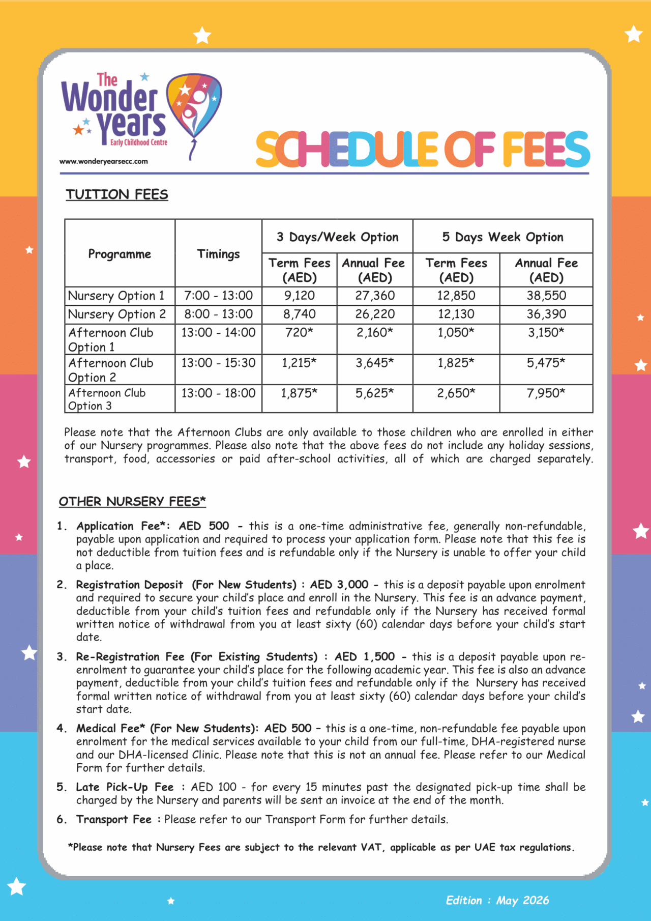 Schedule of Fees 2026 nursery fees